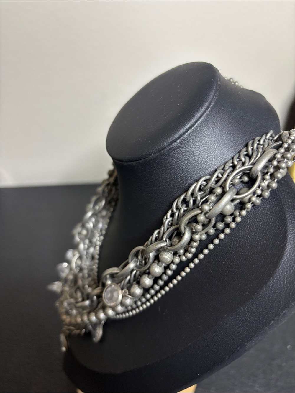 Statement Silver-Tone Layered Multi-Chain Necklace Clear Crystal Acrylic Charms - Picture 2 of 7